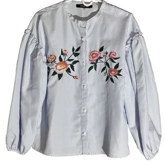 Sugar Lips Long Puff Sleeve Embroidered White with Stripe Button Down Shirt M - Picture 1 of 16
